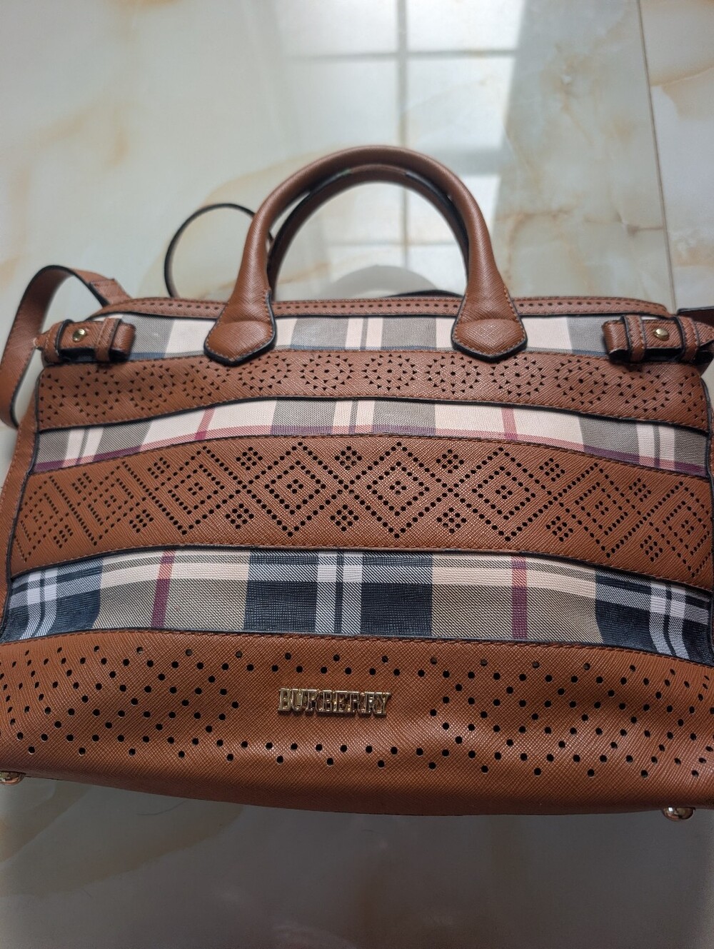 Burberry Brown Check Perforated Leather Crossbody Bag